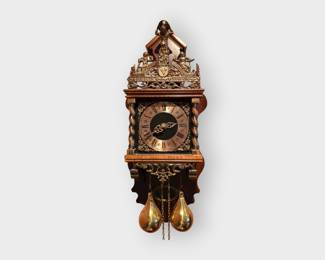 Vintage Dutch Wall Clock, Hermle Warmink 8 Day Wall Clock that chimes on the half and full hour. Measures about 23" tall and 10" wide.  Made in the 1960s