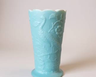 Vintage Fenton Satin Aqua Blue Milk Glass Peacock Vase 8"