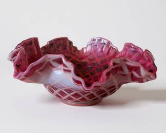 Vintage Fenton Cranberry Opalescent Diamond Optic Ruffled Bowl 