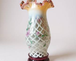 Vintage Fenton Diamond Optic Trellis Opalescent Crest Hurricane 
