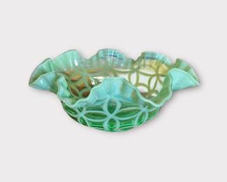 Vintage Rare Fenton Art Glass Green Opalescent Double Wedding Ring Bowl