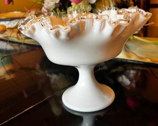 Vintage Fenton Silver Crest Milk Glass Ruffled Edge Pedestal Compote Bowl
