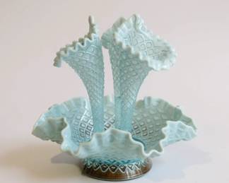 Vintage Fenton Blue Opaline Hobnail Diamond & Lace Horn Epergne 1949-1954