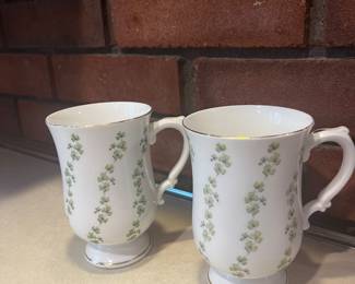 Pair Staffordshire England Shamrock Clover Footed Cups