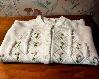 Vintage Knitted Baby Cardigan with Rose Buds