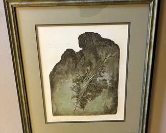 Etching by Michigan artist Ladislav R. Hanka titled, “Ancient Code” (etching with drypoint and aquatint).