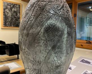 Ed Gray hand-carved, pit-fired pot or floor vase with dragonfly design. Signed “Jikiwe /2005 / Calumet”.
