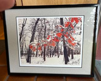 “Winter Oak Leaves” woodcut print by Ann Arbor artist Dennis Gordon. Signed and numbered (#4/100) by Gordon.