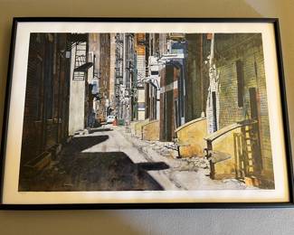 Signed limited edition (#47/250) watercolor print by Ann Arbor artist Scott Hartley, titled “Detroit Alley.”