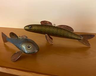 Wood fish sculptures of a perch and a sculpin, both signed and dated by Northern Michigan artist Tom Rudd.
