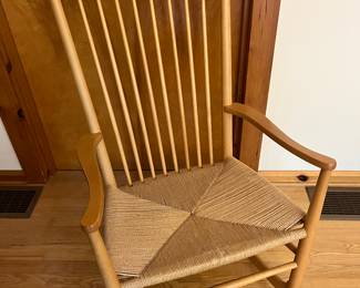 Vintage Hans Wegner rocking chair manufactured by FDB Mobler, Denmark. Model J-16, beech and corded seat, approx. 45 years old.