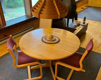 Danish dining table and two chairs from Design Quest. Makers unknown — table is Magnus Olesen or similar, and chairs are Niels Otto or similar. NOTE: Table to be sold separately from chairs.
