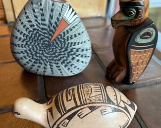 Sampling of the nice selection of Native American wood carvings and pottery, including this vase by Selina Sanchez (Acoma, New Mexico).