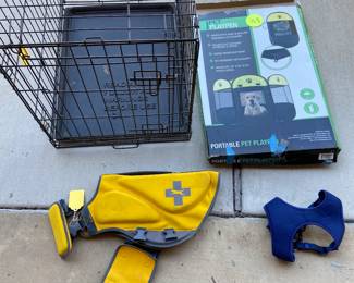 Pet items, kennels, life preserver for large dog, halter for small dog