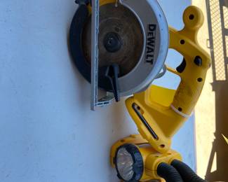 Dewalt saw and 2 lights, no batteries. Note that you can use newer 20V batteries if you purchase adapter (Amazon- DEWALT Battery Adapter 18V to 20V). I'll have a battery and adapter available to test items.