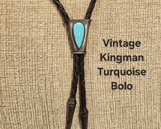 Vintage Kingman turquoise & leather bolo