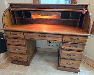 Oak roll top desk (locking, with integrated light). Available for pre-sale.