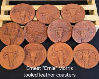 Ernest "Ernie" Morris tooled leather hand made coaster. 