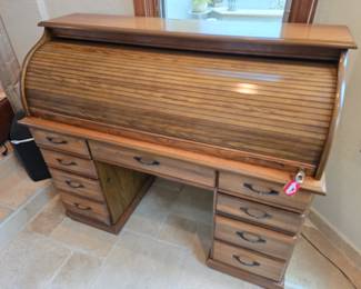 Vintage oak roll top desk (locks, includes integrated desk lamp). Available for pre-sale.