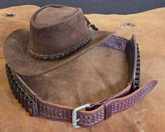 Vintage suede ranch hat, vintage heavy tooled leather bandolier belt