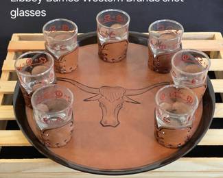 Libbey Bamco western brands shot glasses and leather tray