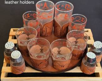Vintage Libbey Bamco western brand glasses & tooled leather holders