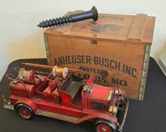 100th anniversary Anheuser-Busch beer crate, giant novelty screw, metal fire truck