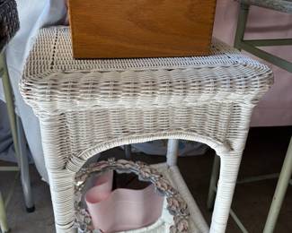 Vintage wicker table, vintage mirror, vintage box,
