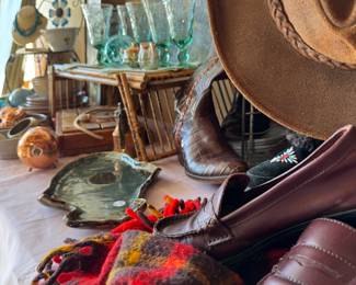 Leather loafers, leather hat, pottery, leather cowboy boots, original painting.
