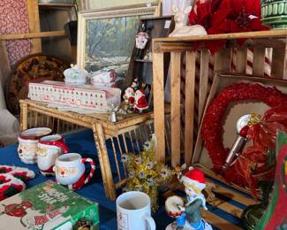 Paint by numbers painting, vintage tree topper, Santa mugs, music figurine, tree stand, antique drawer, candle wreath, star tree topper, Christmas planter, poinsettias.