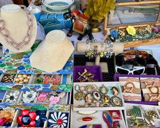 Vintage pins, necklaces, sunglasses, cameos, barretts.