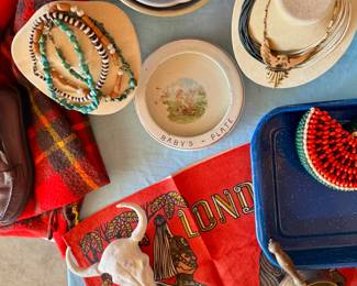 Turquoise necklaces, plaster scull, vintage tea towel, enamelware, antique necklaces, antique baby plate, pottery, serving bowls.