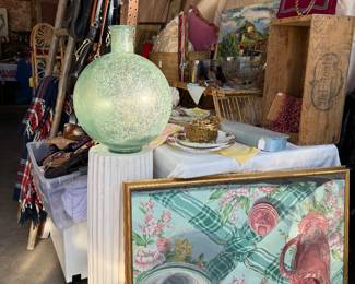 Large original painting, large green glass vase, pillar, vintage bags & hats, vintage velvet purse.
