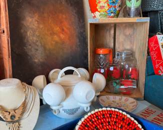 Original oil painting, antique cookie jar, tang pitcher, set of 50's glasses, thunderbird necklace, bean pot with Bowles.