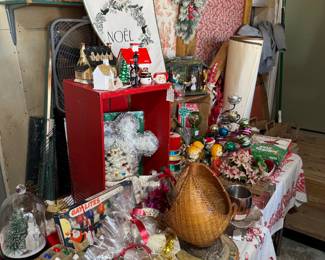 Ceramic Christmas tree, ornament boxes, lightbulbs, ornaments, putz houses, snow globe, tins, greenery, nativity, etc.