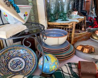 Plaid blanket, green southwest glassware set, Mid Century Modern print, pottery, turquoise necklaces, copper mold, cigar rolling tool, southwest Mikasa dinnerware, mixing bowl.