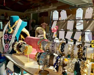 Vintage bracelets, Native American beaded necklaces, earrings.