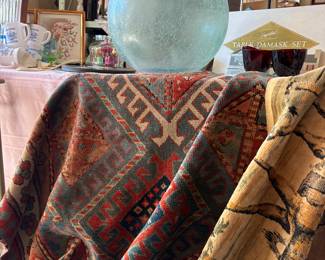 Vintage, rug, vintage tapestry, vintage glass bottle