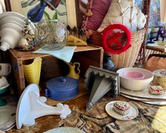 Vintage pillbox hat, taffeta pillow, tassel pillow, tapestry, wall cornices, art deco vases, etched glass, china, shell boxes, original artwork.
