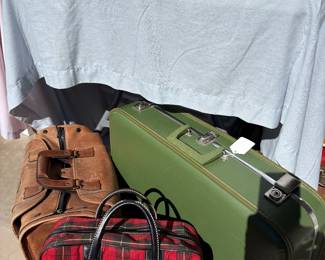 Vintage green suitcase, vintage leather bag, vintage plaid picnic set.