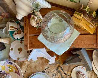 Mid Century Modern artwork, etched glass, sconces, pottery, shell boxes, Souvenir music box from San Francisco, tapestry.