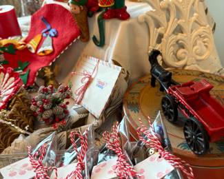 Stockings, village houses, ornaments, vintage Christmas, etc.