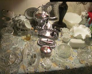 Handpainted Kutani Japan Tea Set, Vintage Clear Hobnail Glassware, SS Ice Bucket- Platter- Butter Dish and knife, Vintage Fenton Hobnail Milk Glass Bowl/s- Creamer Set and Butter Dish, Candy Dish/es with Lid/s