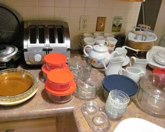 Vintage CorningWare Summer Blush Tea Set, Pyrex Storage and Cookware, 4 slice Toaster, Waffle Maker