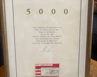 Nolan Ryan 5000 strikeout game ticket and certificate