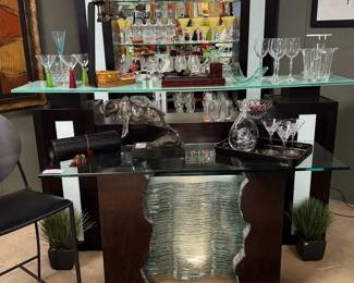 contemporary glass and lacquer bar, glass "waterfall" table with multiple cascading glass pieces
