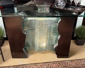 glass "waterfall" table with multiple cascading glass pieces