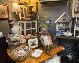 Vintage table, pitchers, tea pot and more