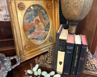 vintage tall brass vase, antique art, jade grapes, books and trays