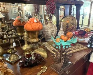 Antique Oak Buffet, fall decor, brass mail opener 